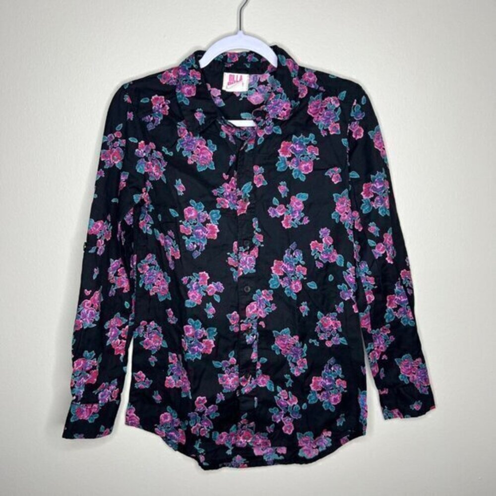 Billabong Women's Floral Button-Up Shirt Size S 100% Cotton Black & Pink